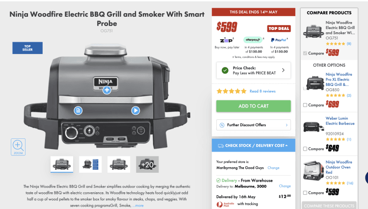 The Good Guys: Ninja Woodfire Electric BBQ Grill and Smoker With Smart Probe (OG751) – $599 -> $529 with Price Beat